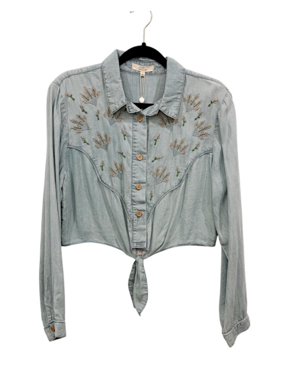 NWT CHELSEA & VIOLET Chambray Embroidered Button Down Cropped Tie Front Top L